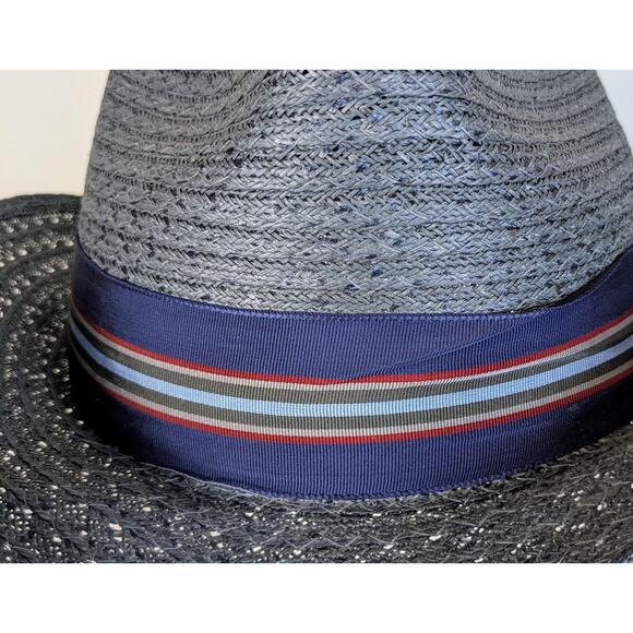 VTG Haband Fedora Hat Medium 22" Gray Straw Blue Striped Hatband Made in USA - Picture 6 of 10